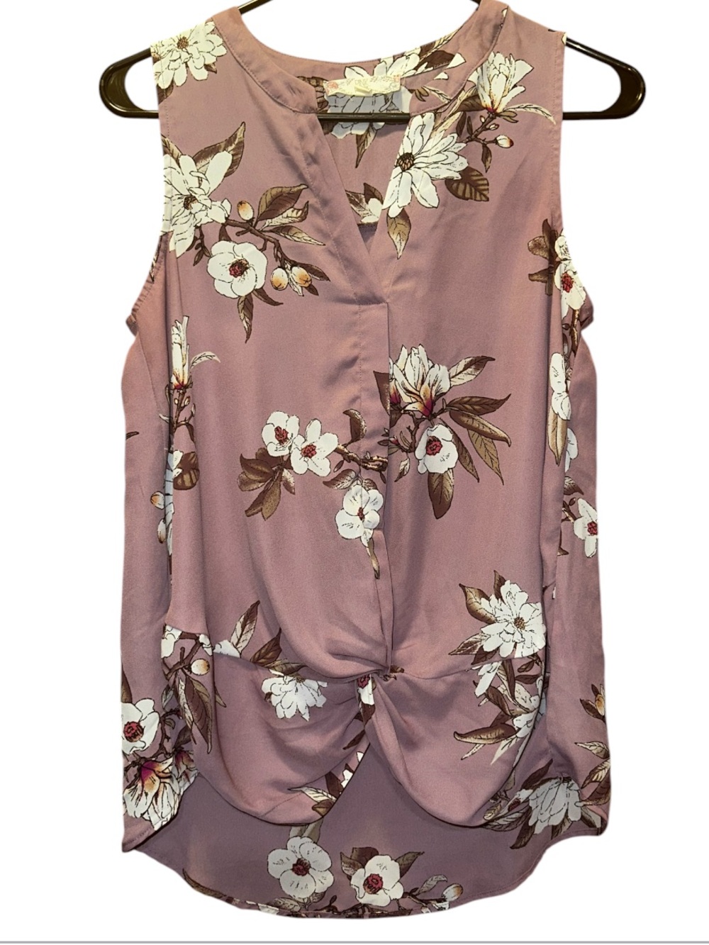 Pink Rose Floral Twist-Front Mauve Sleeveless